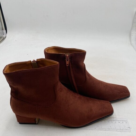 FOWT Women Closed Square Toe Booties Low Chunky Block Heels Side Zipper Brown - Picture 4 of 8